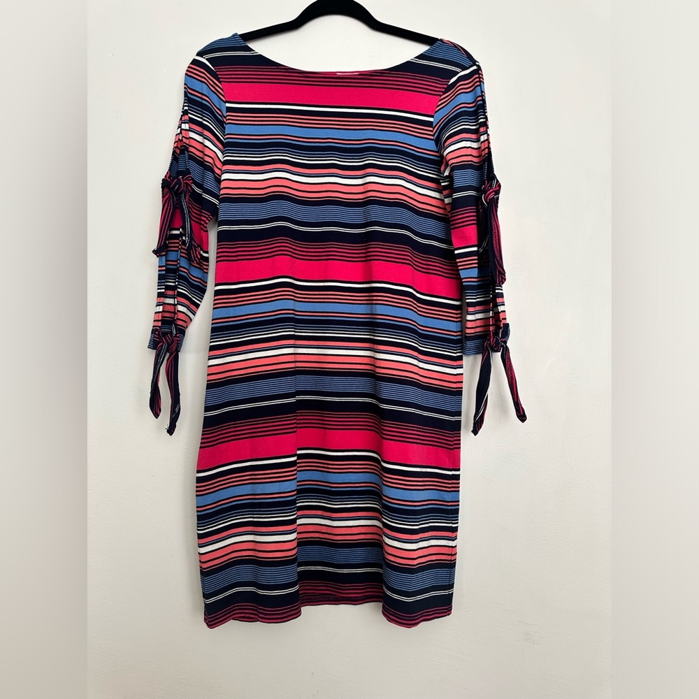 Cupio Multi-Color Stripe Shift Dress with 3/4 Tie Sleeves